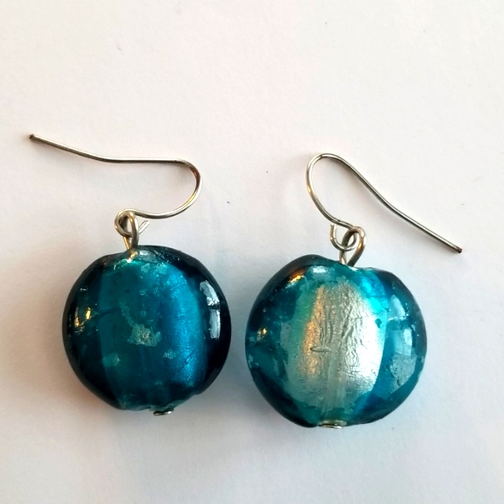 Blue glass earrings silver tone foiled bead beaded